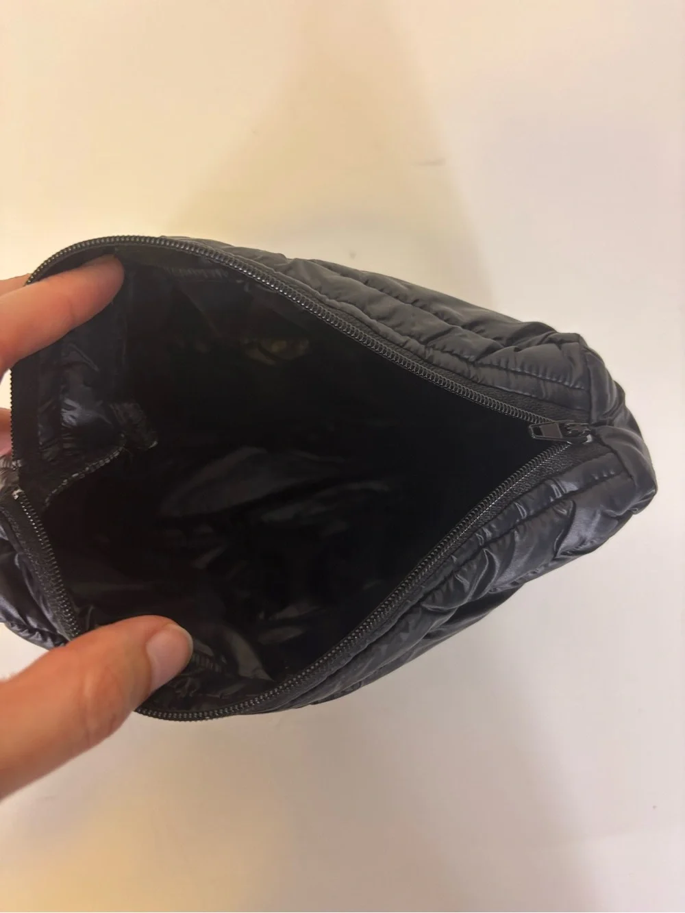 Anorak Black Shiny Quilted Puffer Cosmetic Makeup Bag Pouch with Handle